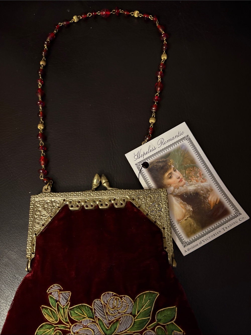 Vintage Beaded Burgundy Floral Velveteen & Brocade Evening Shoulder Bag - Picture 7 of 11